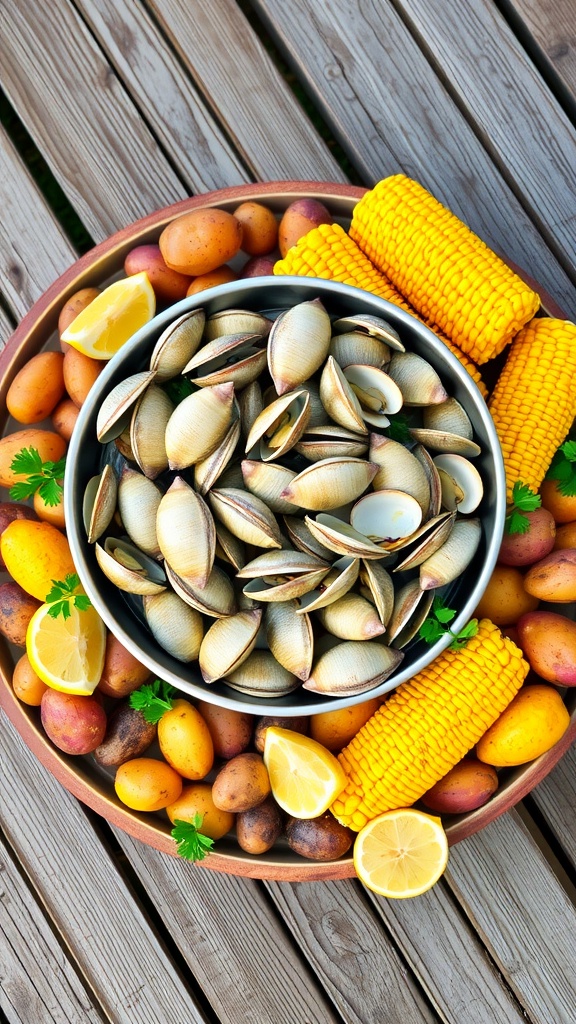 A delicious clam bake with clams, corn, potatoes, and lemon on a rustic picnic table.